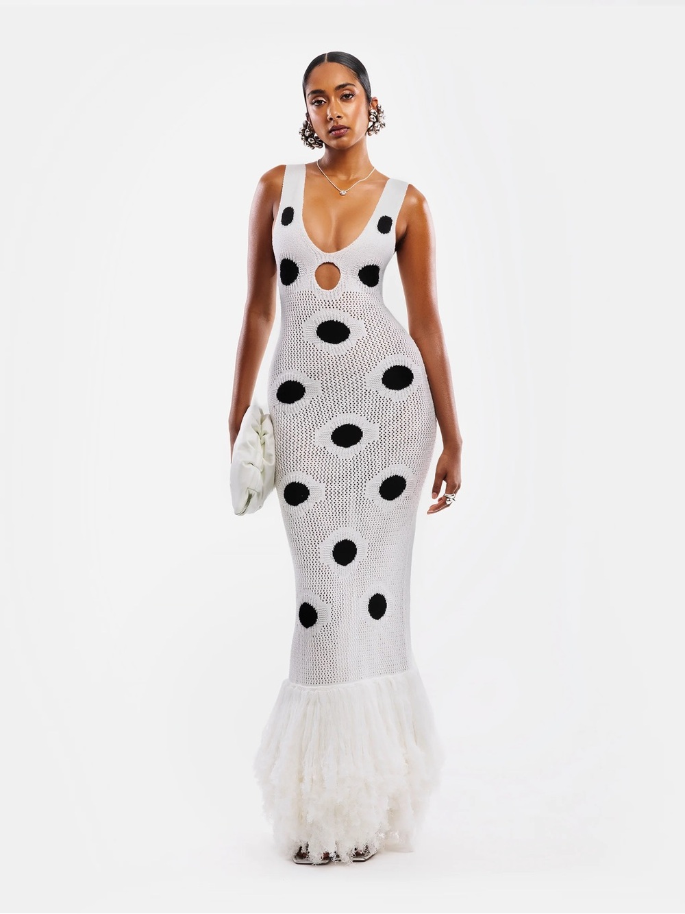 Hanifa Harper III White Knit Maxi Dress with Black Polka Dots